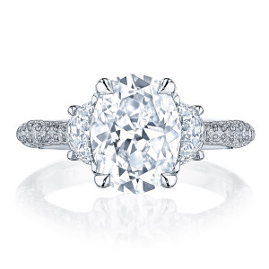 HT2689OV Platinum top view, oval center with crescent side diamonds and pave shoulders