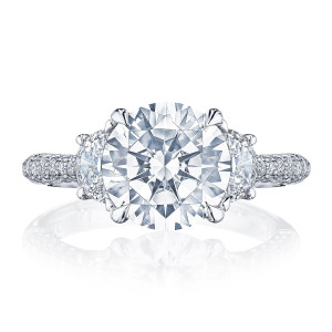 HT2689RD Platinum top view, round brilliant center stone flanked by half moon diamonds on a micro pave band