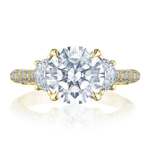 HT2689RD9Y top view, round brilliant center flanked by half moon diamonds on a yellow gold micro pave band