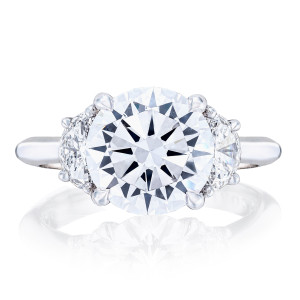 HT2690RD Platinum top view, round brilliant center flanked by half moon diamond side stones
