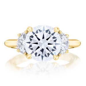 HT2690RD95Y top view, round brilliant center with half moon side diamonds in yellow gold
