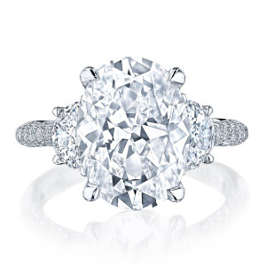 HT2691OV Platinum ring top view, oval center with half moon side diamonds and pave band