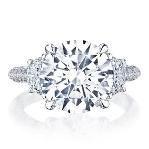 HT2691RD Platinum ring, top view of round brilliant center flanked by half moon side diamonds