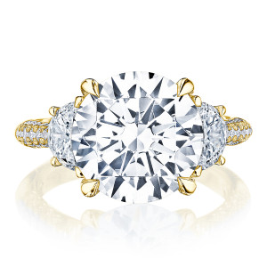 HT2691RD11Y top view, round brilliant center with half moon diamond side stones in yellow gold