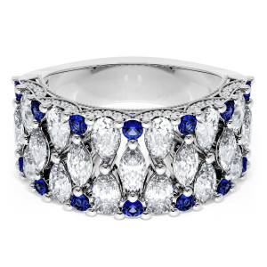 HT269375BS112 Platinum wedding band, top view of fanned pear and marquise diamonds with sapphire accents