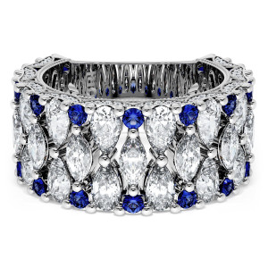 HT269375BS134 Platinum wedding band, top view of fanned pear and marquise diamonds with sapphire accents