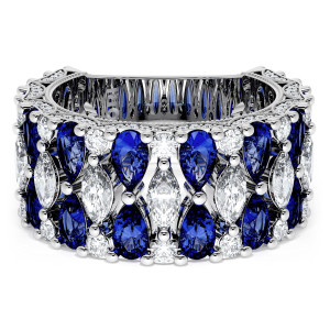 HT269375BS234 Platinum wedding band, top view of alternating blue sapphires and marquise diamonds