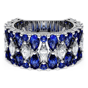 HT269375BS334 Platinum wedding band, top view of clustered blue sapphires with marquise diamond accents