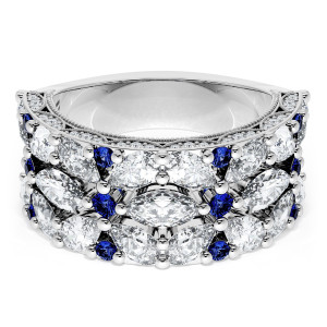 HT269475BS112 Platinum wedding band, top view of clustered marquise diamonds with blue sapphire accents