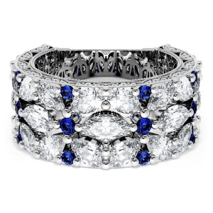 HT269475BS134 Platinum wedding band, top view of layered marquise diamonds with round blue sapphires