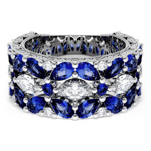 HT269475BS234 Platinum wedding band, top view of layered blue sapphires with marquise diamond highlights