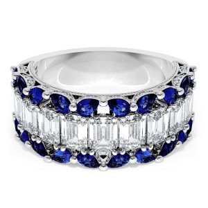 HT269575BS112 Platinum wedding band, top view of emerald cut diamond row framed by blue sapphires