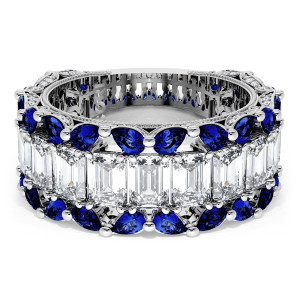 HT269575BS134 Platinum wedding band, top view of emerald cut diamond row with blue sapphire borders