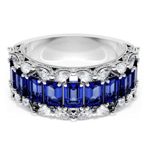 HT269575BS212 Platinum wedding band, top view of emerald cut sapphire row edged with pear diamonds