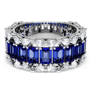 HT269575BS234 Platinum wedding band, top view of emerald cut sapphire row with pear diamond borders