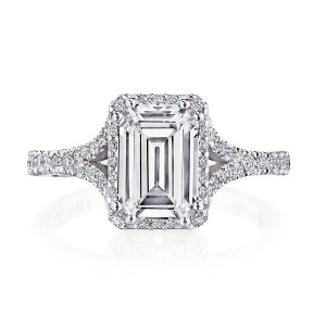 2672EC Platinum engagement ring, top view showing emerald cut center stone, diamond halo and split pave shank