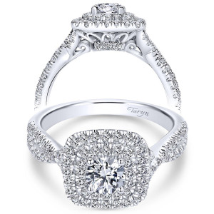 Taryn TE910139W44JJ 14 karat white gold engagement ring, angled and profile views of a double cushion halo above a twisted pave shank and scrolled gallery