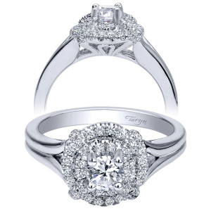 Taryn TE910143W44JJ 14 karat white gold engagement ring, angled and profile views of a double round halo raised above a polished split shank