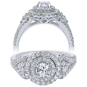 Taryn TE910145W44JJ 14 karat white gold engagement ring, angled and profile views of a double round halo with broad swept pave shoulders and open gallery