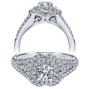 Taryn TE910146W44JJ 14 karat white gold engagement ring, angled and profile views of a domed double halo with pave shoulders above a scrolled gallery