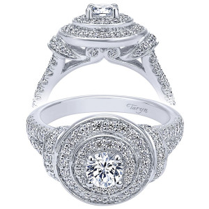 Taryn TE910149W44JJ 14 karat white gold engagement ring, angled and profile views of a double round halo split by a polished rim above pave shoulders