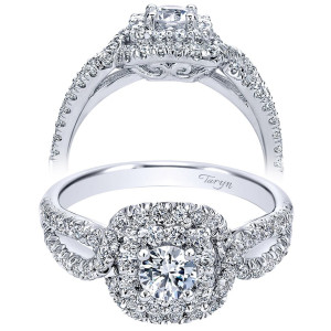 Taryn TE910157W44JJ 14 karat white gold engagement ring, angled and profile views of a double cushion halo above braided pave arms and filigree gallery