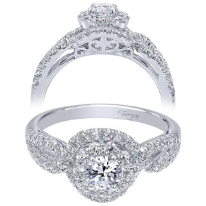 Taryn TE910158W44JJ 14 karat white gold engagement ring, angled and profile views of a double round halo above looping crossed pave arms and scroll gallery