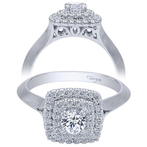 Taryn TE910159W44JJ 14 karat white gold engagement ring, angled and profile views of a double square halo on a brushed tapered shank with filigree gallery