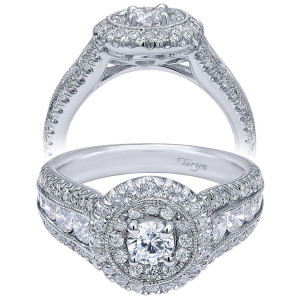 Taryn TE910164W44JJ 14 karat white gold engagement ring, angled and profile views of a milgrain edged double halo above a channel row of larger stones