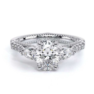Verragio Couture-0470OV 14 Karat engagement ring, oval three stone engagement ring in white metal, top view with pear side stones and diamond band