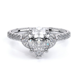 Verragio Couture-0485PS 14 Karat engagement ring, pear three stone engagement ring in white metal, top view with half moon side stones