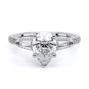 Verragio Couture-0486PS 14 Karat engagement ring, pear three stone engagement ring in white metal, top view with tapered baguette side stones