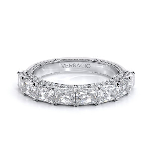 Verragio Eterna-2025RAD-4X3-HW 14 Karat eternity band, top view of radiant cut diamond eternity band in white metal