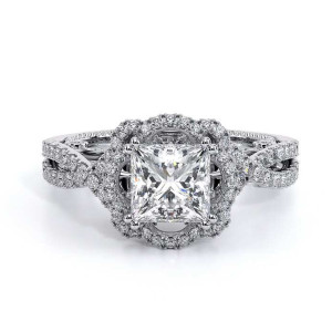 Verragio Insignia-7087P 14 Karat engagement ring, white gold engagement ring, top front view, princess centre in petal-style double halo