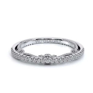 Verragio Insignia-7087WSB 14 Karat wedding band, top view of the prong set diamond rail and beaded scroll gallery