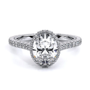 Verragio Insignia-7109OV 14 Karat engagement ring, white gold engagement ring, top front view, oval centre with hidden halo and diamond band