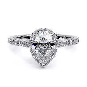Verragio Insignia-7109PS 14 Karat engagement ring, white gold engagement ring, top front view, pear centre with hidden halo and diamond band