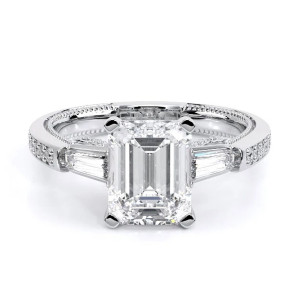 Verragio Insignia-7110EM 14 Karat engagement ring, white gold three-stone engagement ring, top front view, emerald cut centre with tapered baguettes