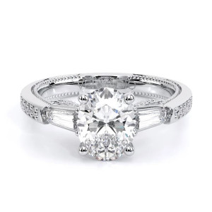 Verragio Insignia-7110OV 14 Karat engagement ring, white gold three-stone engagement ring, top front view, oval centre with tapered baguettes