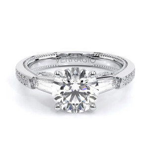 Verragio Insignia-7110R 14 Karat engagement ring, white gold three-stone engagement ring, top front view, round centre with tapered baguettes