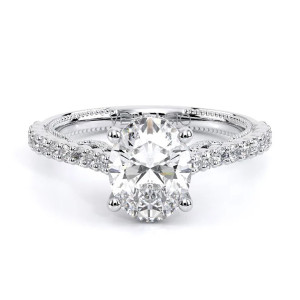 Verragio Insignia-7111OV 14 Karat engagement ring, oval engagement ring in white metal, top view of four-prong centre and pave shoulders