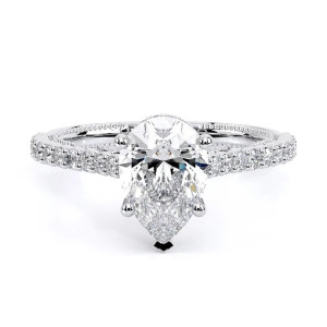 Verragio Insignia-7111PS 14 Karat engagement ring, pear engagement ring in white metal, top view with V-prong tip and pave shoulders
