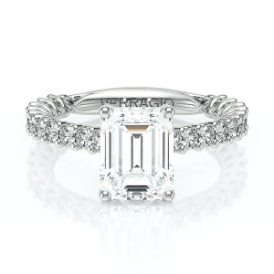 Verragio Lumino-801EMD4-20 14 Karat engagement ring, emerald cut engagement ring in white metal, top view with diamond band and accented prongs