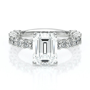 Verragio Lumino-801EMD4-25 14 Karat engagement ring, emerald cut engagement ring in white metal, top view with shared-prong diamond band