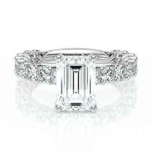 Verragio Lumino-801EMD4-30 14 Karat engagement ring, emerald cut engagement ring in white metal, top view with shared-prong diamond band