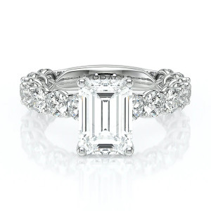 Verragio Lumino-801EMD4-35 14 Karat engagement ring, emerald cut engagement ring in white metal, top view with shared-prong diamond band