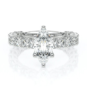 Verragio Lumino-801MQD4-30 14 Karat engagement ring, marquise engagement ring in white metal, top view with shared-prong diamond band