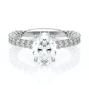 Verragio Lumino-801OVD4-20 14 Karat engagement ring, oval engagement ring in white metal, top view with shared-prong diamond band