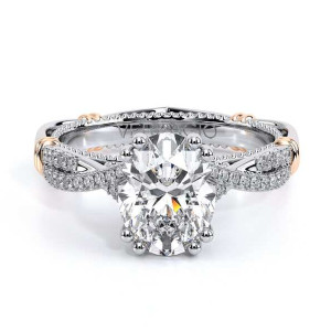 Verragio Parisian-105OV 14 Karat engagement ring, oval semi-mount, top view of crossover pave band with rose gold wraps