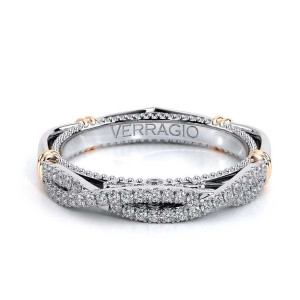 Verragio Parisian-105W 14 Karat wedding band, top view showing the crossover diamond strands